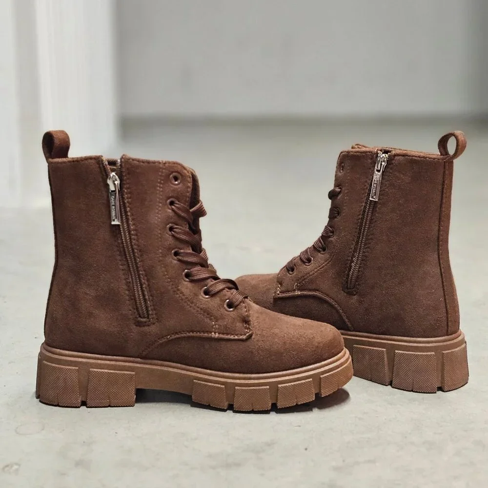 Chunky Sole Brown Faux Suede Combat Boots With Side Zipper & Lace-Up Closure For - Picture 9 of 13